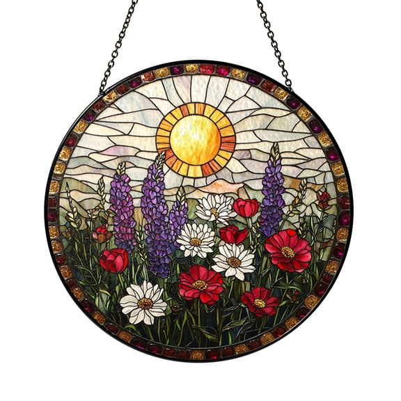 Wildflower Floral Sunburst Window Hanging Stained Glass Suncatcher, Cheerful Spring Home Accent