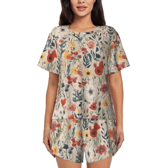 Wildflower Floral Womens Pajamas Short Set Soft Short Sleeve Sleepwear Button Down Pjs Set with Pockets S XXL Large