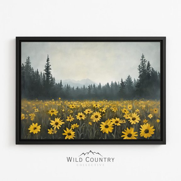 Wildflower Flower Field Forest Pine Tree Artwork Mountain Landscape Yellow Flowers Scene Unframed Paper Print