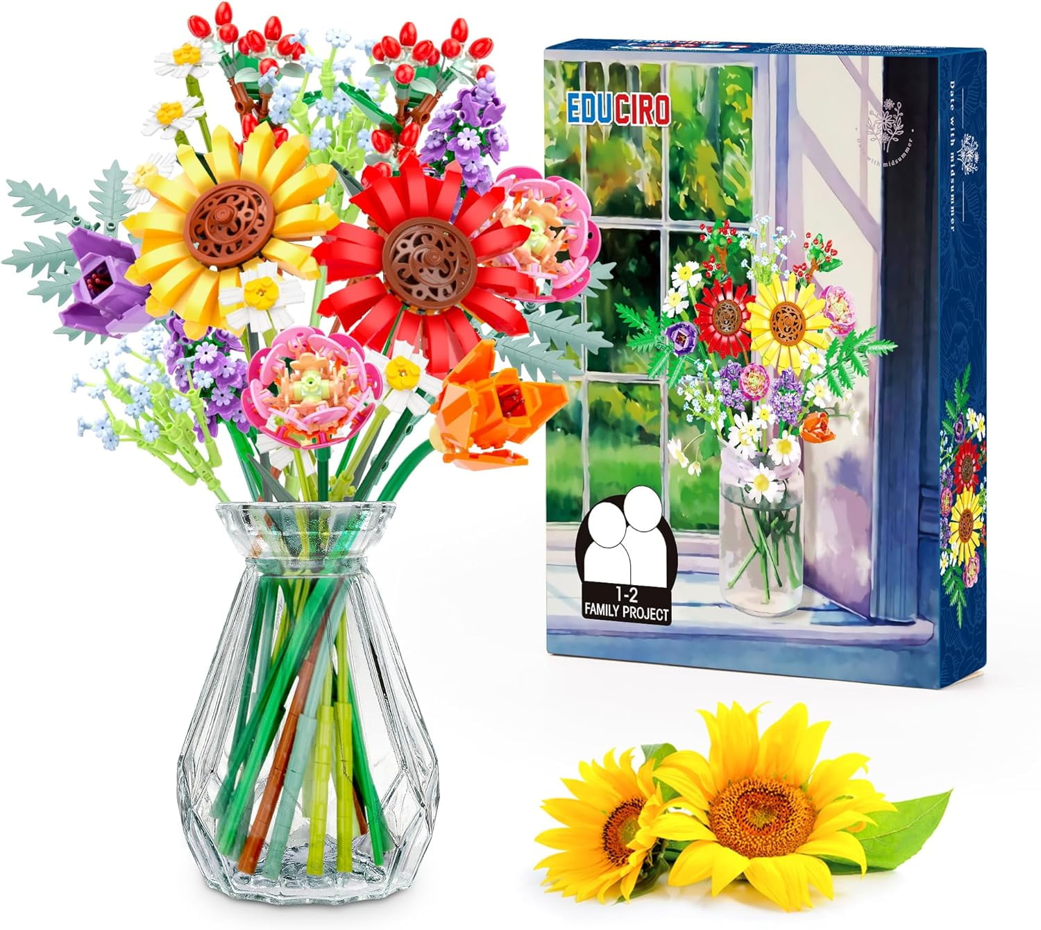 Wildflower Flowers Bouquet Building Set, Sunflower Flower Botanical Collection Building Toys for Adults And Kids, Home Decor Gift for Mother's Day, Valentine Day, Birthday, Christmas Day - 976PCS