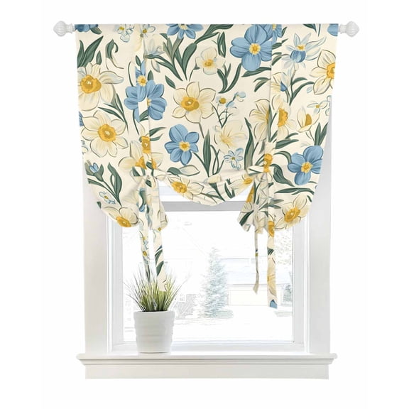 Wildflower Garden Motifs Tie Up Curtains for Window, Thermal Insulated Balloon Shade Adjustable Rod Pocket Curtains Valance Panels for Kitchen Bathroom Cafe 52 x 45 Daisy Spring Floral Vintage