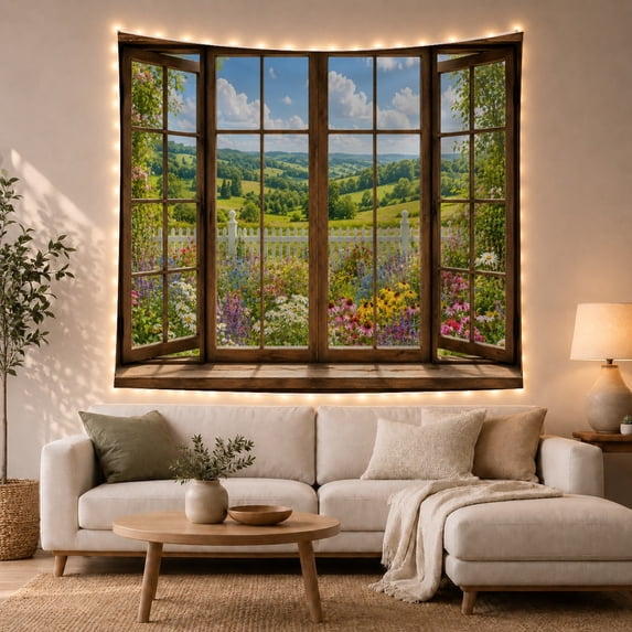 Wildflower Garden Through Open Window in Sunny Countryside, Tranquil Rustic for Flower Lovers, Countryside Landscape Art, Housewarming Gift, Tapestry Wall Hanging for Bedroom and Living Room