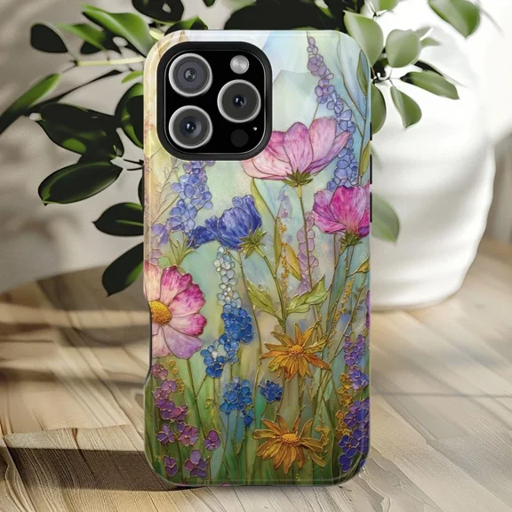 Wildflower Glass Faux Floral Nature Protective Case for iPhone 11 12 13 14 15 16 17 Pro Max