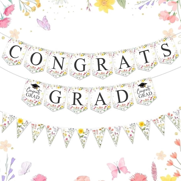 Wildflower Graduation Party Decorations 2026 - Congrats Grad Banner and Wildflower Triangle Banner, Floral Graduation Party Decorations, Class of 2026 High School College Congrats Grad Supplies