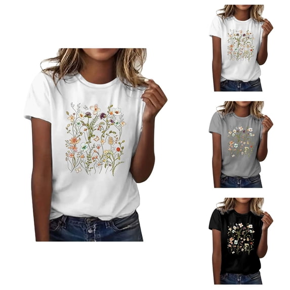 Wildflower Graphic Tees for Women 2026 Summer Casual Short Sleeve Crewneck Boho Flowers T Shirts