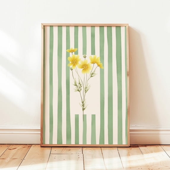 Wildflower Green Stripes Poster Floral Botanical Cottagecore Wall Art Decor Design1 Poster, Unframed Size 24x36
