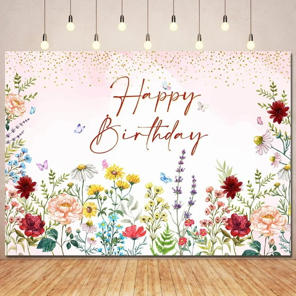 Wildflower Happy Birthday Backdrop Banner Girls Floral Birthday Decorations,Spring Watercolor Wild Flower Bday Background Women Girls Wildflower Themed 1st Birthday Party Decor Photo Booth Props