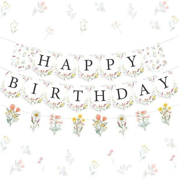 Wildflower Happy Birthday Banner Garland Sign Party Decorations Set, Pre-Strung No DIY Floral Flower Theme Birthday Banner Party Favors Pink Sign for Girls Women