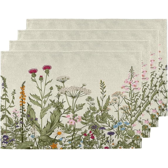 Wildflower Herbs Plant Placemats Set of 4, 12x18 Inch Seasonal Farmhouse Wildflower Summer Table Mats for Party Kitchen Dining Decoration