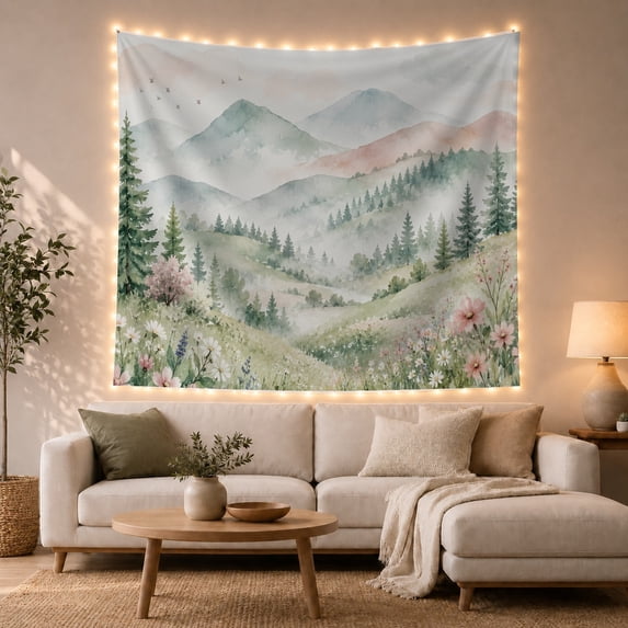 Wildflower Hills Before Misty Mountain Forests, Dreamy Watercolor for Nature Lovers, Botanical Wall Art, Housewarming Gift, Tapestry Wall Hanging for Bedroom and Living Room