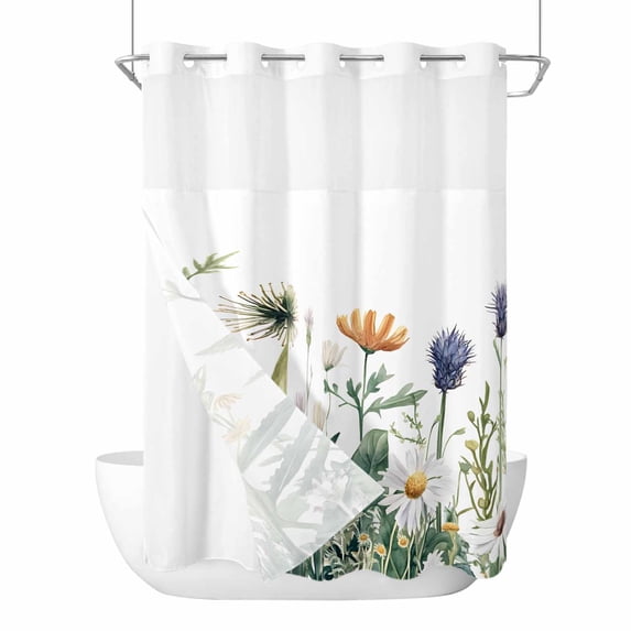 Wildflower No Hooks Shower Curtain with Snap-in Liner Daisy Floral Leaves Farmhouse Pastoral Shower Curtains for Bathroom, Waterproof, Easy Install, Washable 60"x72"