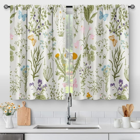 Wildflower Kitchen Curtains Sets for Windows - Cafe Spring Short Half Camper Drapes Rustic Floral Plant Botanical Vintage Farmhouse Country Green Leaves Decor Rod Pocket Tiers Window Treatment