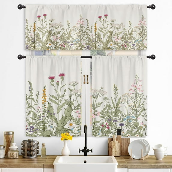 Wildflower Kitchen Curtains and Valances 3 Piece Set Rod Pocket 36 Inch Short Rustic Floral Green Leaves Farmhouse Plant Herbs Country Botanical Nature Bedroom Living Room Treatment Fabric