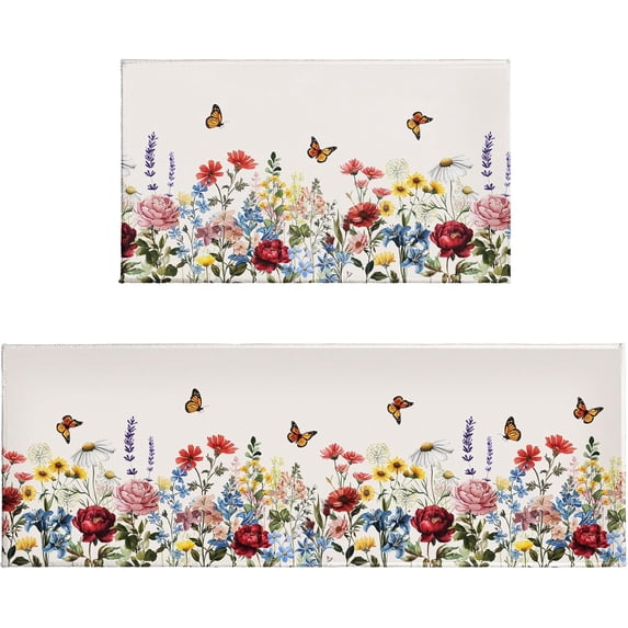 Wildflower Kitchen Rugs Set of 2 Spring Summer Floral Kitchen Mats for Floor Non Slip Kitchen Runner for Home Farmhouse Seasonal Decor Comfort Standing Mat for Sink Laundry