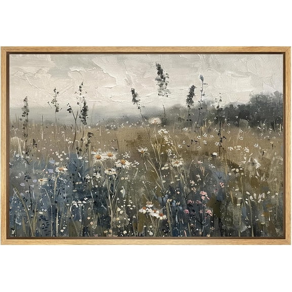 Wildflower Landscape Canvas Wall Art Rustic Flower Painting Vintage Countryside Prints Wildflower Field Print Rustic Country Landscape Wall Art Wildflower Landscape Painting for Room