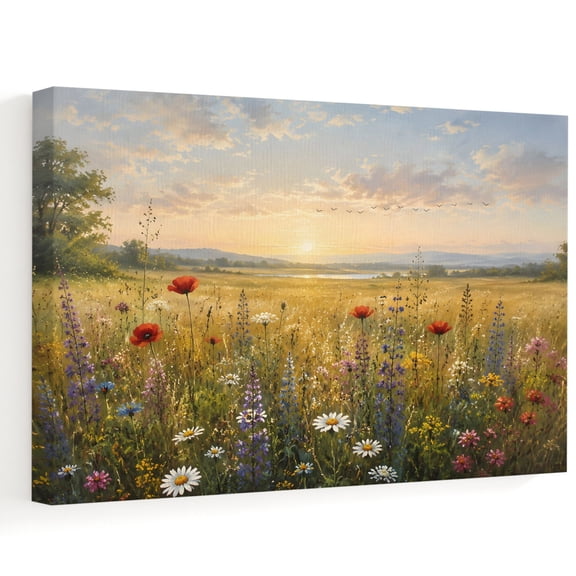 Wildflower Landscape Canvas Wall Art, Summer Country Sunset Farmhouse Flowers Leaf Wall Art Prints Artwork Framed Canvas Ready to Hang Art Pictures for Large Dining Living Room Hallway 36" x 24"