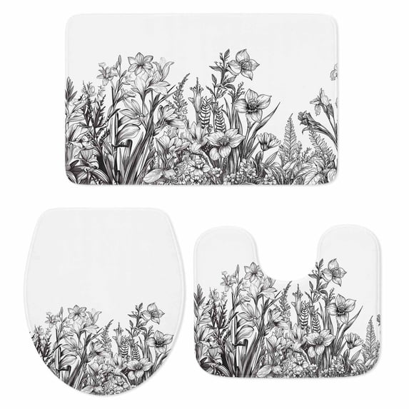 Wildflower Leaf Bath Mat 3 Piece Bathroom Rug Set, Grey Floral Botanical White Watercolor Non Slip Bath Rug Contour Mat and Toilet Lid Cover, Absorbent Shower Mats Soft Bath Rugs and Mats Sets