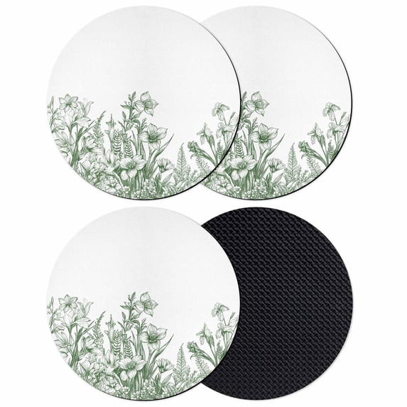 Wildflower Leaf Coasters Set of 4, Green Floral Botanical White Watercolor Absorbent Coasters for Drinks, Coaster for Bar Office Dining Coffee Table Accessories Decor, Non Slip Round Desk Coaster