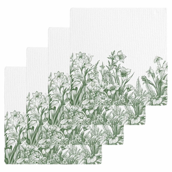 Wildflower Leaf Dish Towels Set, Waffle Weave Kitchen Towels 4 Pieces, Green Floral Botanical White Watercolor Microfiber Hair Face Bath Tea Towel Absorbent Quick Drying Cleaning Dish Cloths, 12"x12"