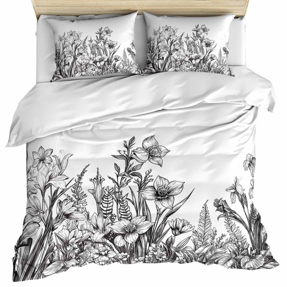Wildflower Leaf Duvet Cover Set, Grey Floral Botanical White Watercolor Soft Duvet Cover Full Size Bedding Set 4 Pieces, 1 Quiltcover and 2 Pillowcases with Zipper, 1 Bed Sheet for All Seasons