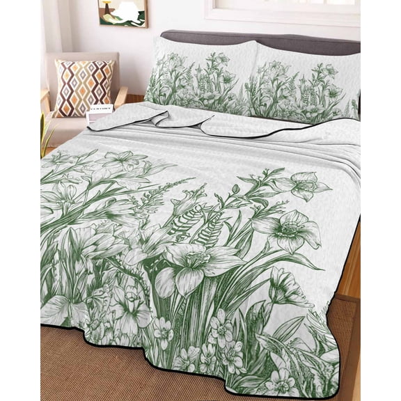 Wildflower Leaf King Size Down Alternative Comforter, Lightweight Comforter Quilt Bedding Set with Pillow Shams Green Floral Botanical White Watercolor All Seasons Bed Comforter Duvet Insert 96"x106"