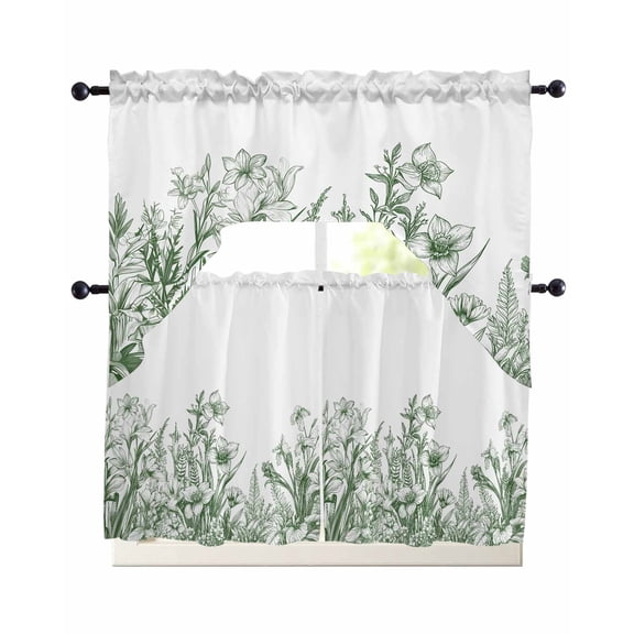 Wildflower Leaf Kitchen Curtains Set for Windows 3 Piece Cafe Curtains 36 Inch Length Swag Curtains Valances and Tier Set Green Floral Botanical White Watercolor Drapes for Bedroom Bathroom