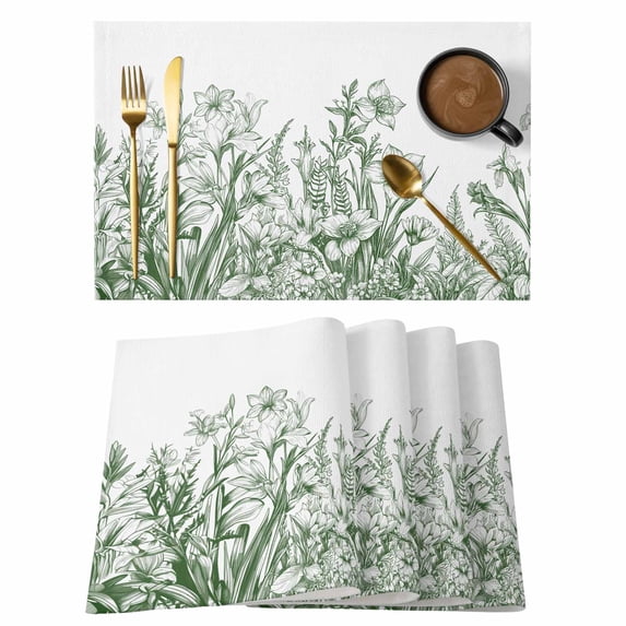 Wildflower Leaf Placemats Set of 8,Cotton Linen Fabric Place Mats,Green Floral Botanical White Watercolor Washable Decorative Table Mats Protector for Home Kitchen Dining Wedding Party Coffee Tables