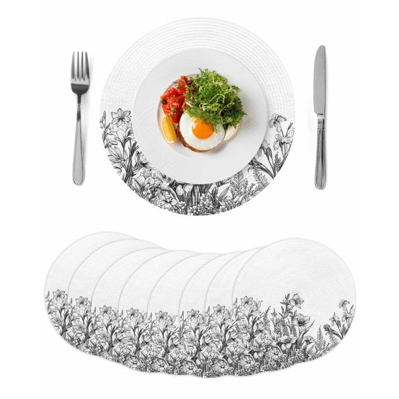 Wildflower Leaf Round 13 Inch Placemats Set of 8, Grey Floral Botanical White Watercolor HeatResistant Non Slip Place Mats for Dining Table, Wipeable Braided Kitchen Table Mats for Housewarming
