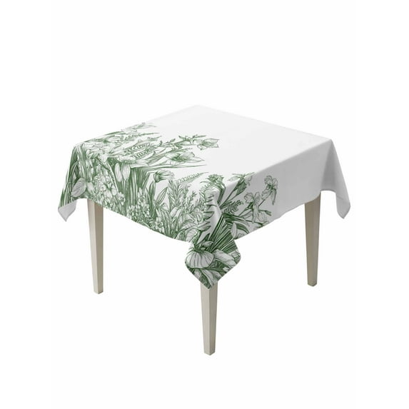 Wildflower Leaf Table Cloth, Green Floral Botanical White Watercolor Waterproof Tablecloth for Square Tables, Reusable Washable Fabric Table Cover for Restaurant Kitchen Dining Tables 60"x60"