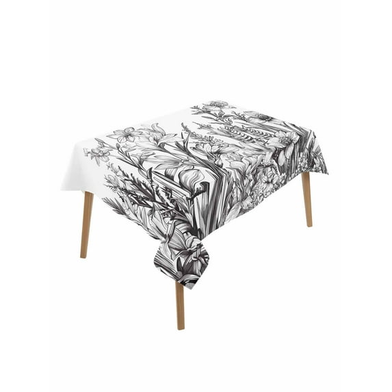 Wildflower Leaf Table Cloth, Grey Floral Botanical White Watercolor Waterproof Tablecloth for Rectangle Tables, Reusable Washable Fabric Table Cover for Restaurant Kitchen Dining Tables 60"x84"
