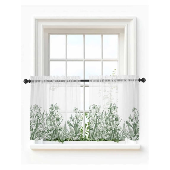 Wildflower Leaf Tier Curtains 24 Inch Length,Sheer Curtains for Bedroom Living Room Window Green Floral Botanical White Watercolor Small Half Window Kitchen Curtains & Drapes 27.5"x24" 2 Panels
