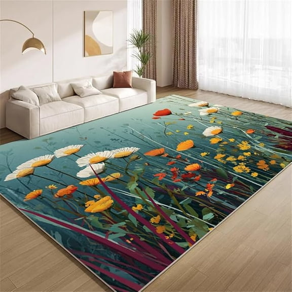 Wildflower Meadow Area Rugs Modern Teal Floral Rugs Soft Non Slip Washable Non Shedding Indoor Carpet for Living Room Bedroom Kids Room Home Entrance Foyer Decor 5 x 6ft