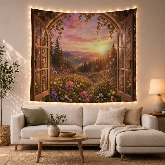Wildflower Meadow Beyond an Arched Window, Dreamy Fantasy for Flower Lovers, Meadow Wall Art, Housewarming Gift, Tapestry Wall Hanging for Bedroom and Living Room