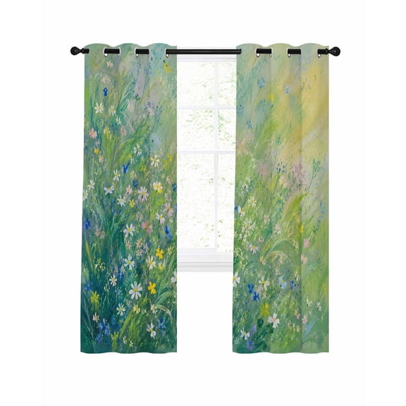 Wildflower Meadow Blackout Curtains 2 Panels Set Spring Summer Lush Green Grass Oil Painting Style Thermal Insulated Privacy Black Out Drapes Window Curtain for Living Room Bedroom 52 x 96 Inch