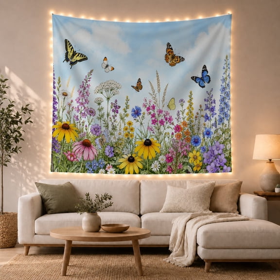 Wildflower Meadow with Butterflies Against Clear Sky, Whimsical Illustration for Nature Lovers, Cheerful Botanical Wall Art, Housewarming Gift, Tapestry Wall Hanging for Bedroom and Dorm