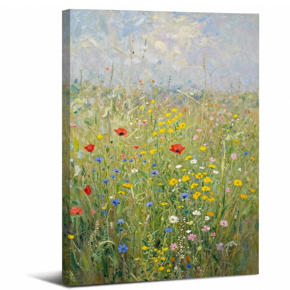 Wildflower Meadow Canvas Wall Art Framed,Spring Summer Garden Nature Landscape canvas print for bathroom bedroom or living room decor,8x12in