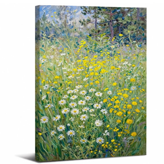 Wildflower Meadow Canvas Wall Art Framed,White Daisies Yellow Wild Flowers Pine Trees Nature canvas print for bedroom or living room decor,8x12in
