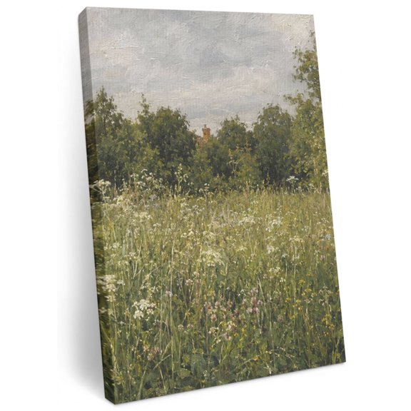 Wildflower Meadow Canvas Wall Art for Living Room, Rustic Farmhouse White Blossoms Green Grass Poster Print Painting for Small Bedroom Mini Dining Area Wall Pictures Prepare To Hang 11"x14"