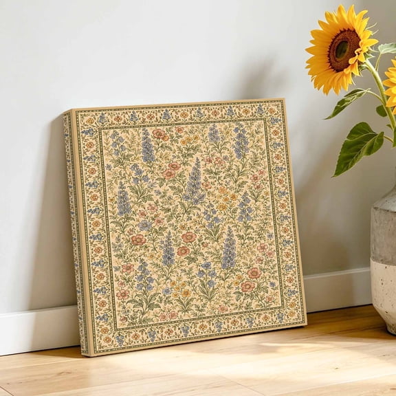 Wildflower Meadow Canvas Wall Art, Rustic Yellow Purple Botanical Floral Border Pictures Wall Decor Wooden Framed Artwork Art Prints for Living Room Hallway Bedroom Office 8"x8"