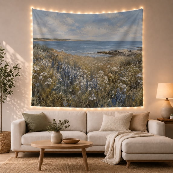 Wildflower Meadow with Coastal Horizon in Calming Impressionist Style for Nature Lovers, Seascape Wall Art Housewarming Gift, Tapestry Wall Hanging for Living Room and Bedroom