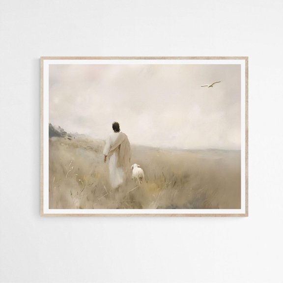 Wildflower Meadow Colorful Landscape Art Mountain Sunset Decor Impressionist Floral Jesus Leaves The 99 Parable of The Lost Sheep Modern Jesus Bible Art Design 8, UNFRAMED Size 16x16