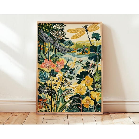 Wildflower Meadow Dragonfly Wall Art Print, Unframed Paper Poster 8x10in