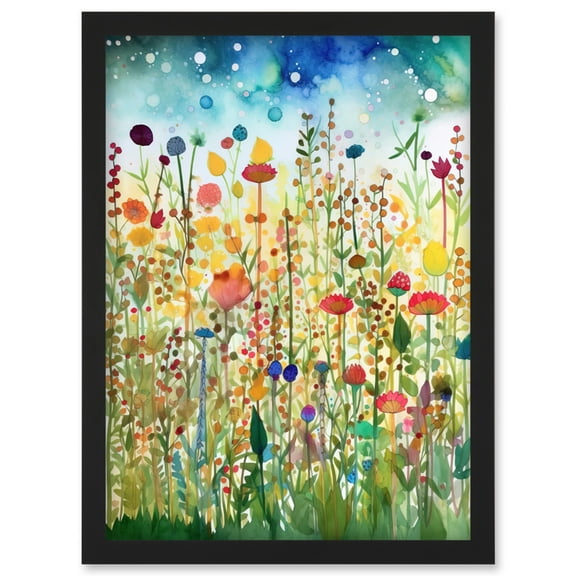 Wildflower Meadow Folk Art Artwork Framed Wall Art Print A4