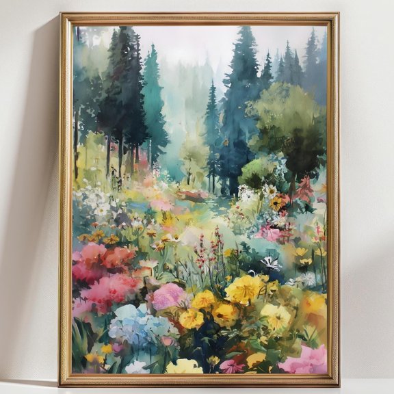 Wildflower Meadow Forest Wall Art Soft Landscape Print Misty Pine Tree Nature Romantic Floral Field Decor