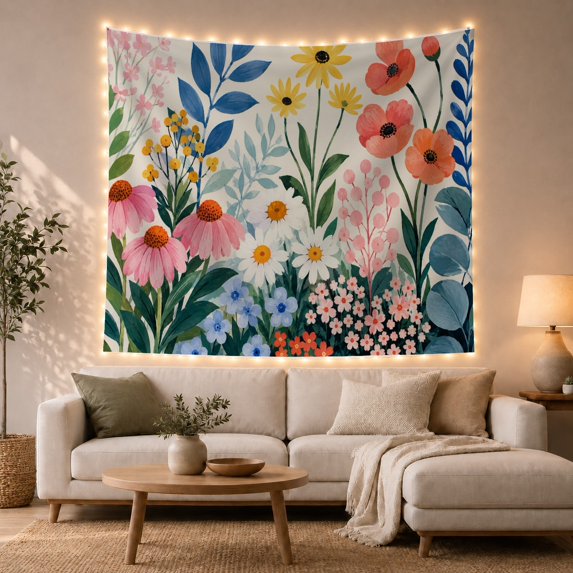 Wildflower Meadow in Full Bloom Cheerful Watercolor for Flower Lovers Botanical Wall Art Housewarming Gift Tapestry Wall Hanging for Bedroom and Living Room