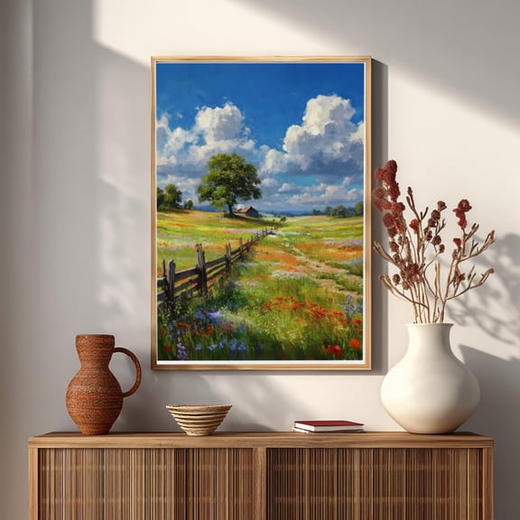 Wildflower Meadow Landscape , Country Field Art Print, Summer Clouds Poster Unframed Paper Print