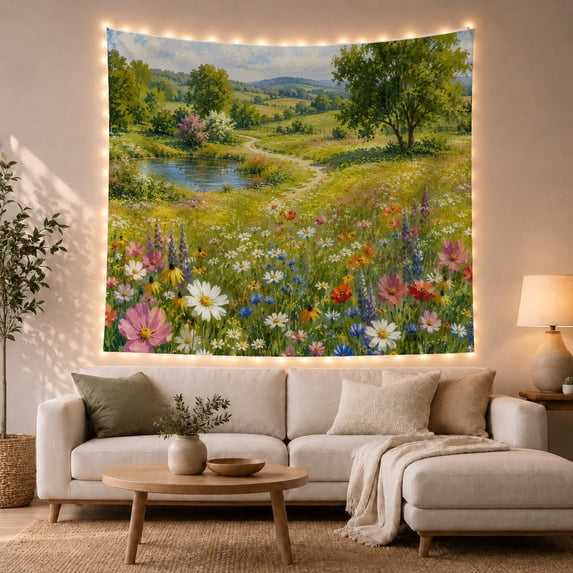Wildflower Meadow Landscape Painting Calming Rustic for Nature Lovers Botanical Wall Art Housewarming Gift Tapestry Wall Hanging for Living Room Bedroom and Dorm