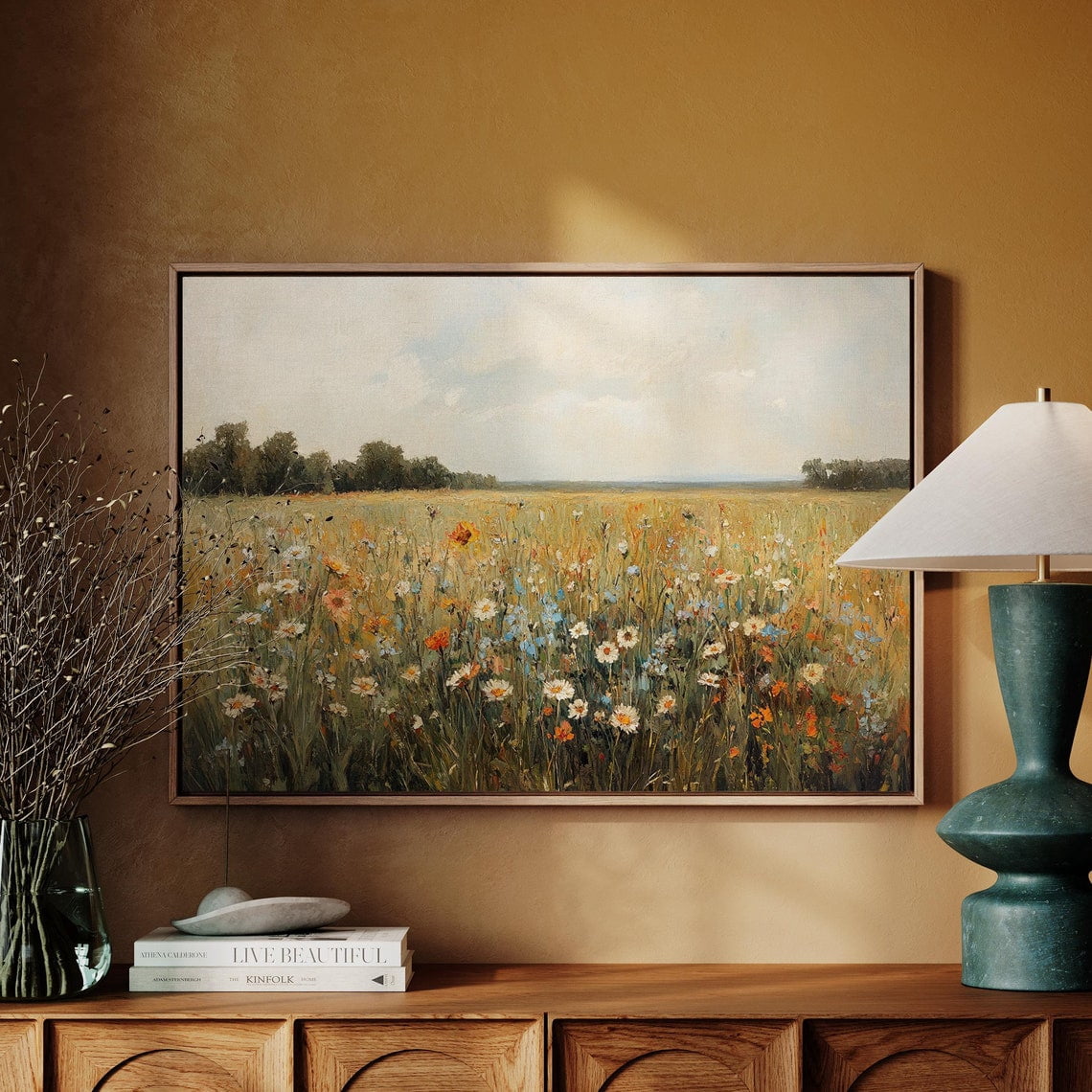 Wildflower Meadow Landscape Wall Art, Rustic Floral Field Painting — free download