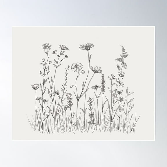 Wildflower Meadow Line Art | Minimalist Nursery Wall Print Poster Wall Art, Modern Wall Decor For Living Room Bedroom, 8x12 UNFRAMED