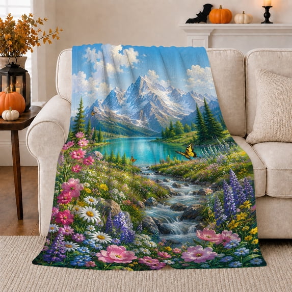 Wildflower Meadow Mountain Lake Scenery Bright Peaceful Nature, Peaceful Mountain Lake Scene, Warm Flannel Blanket for Cabin and Lodge, Outdoor Lovers Camping Gift, Rustic Home Decor